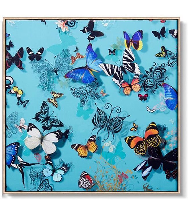 Oriental Painting Various Butterflies Blue Background W90xD90cm