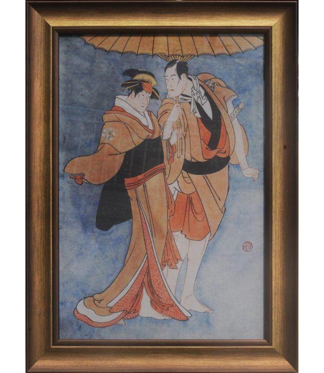 Peinture Japonaise Encadrée Décoration Murale Couple Japonais L36xH58cm