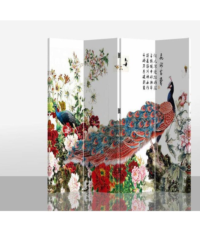 Chinese Oriental Room Divider Folding Privacy Screen 4 Panel Red Peacock White Flowers L160xH180cm