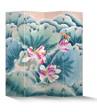 Fine Asianliving Paravent en Toile L160xH180cm 4 Panneaux Lotus Rose Libellule