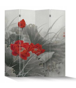 Fine Asianliving Biombo Separador de Lienzo Chino A160xA180cm 4 Paneles Rojo Loto