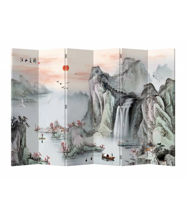 Chinese Oriental Room Divider Folding Privacy Screen 6 Panel Mountains Rising Sun L240xH180cm