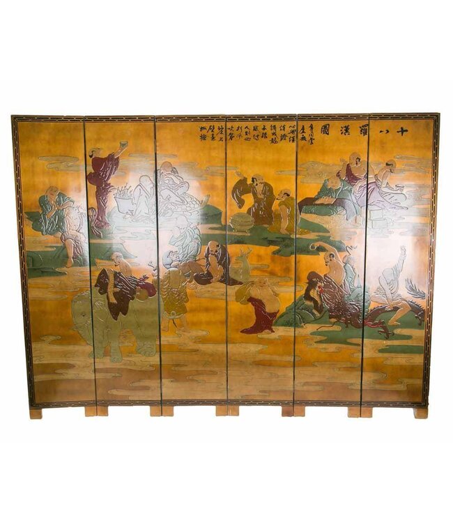 Paravento Divisori in Legno Cinese 6 Pannelli con i Diciotto Arhat (Luohans) Dipinto a Mano L240xA180cm