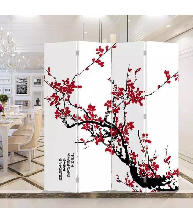 Biombo Separador de Lienzo Chino A160xA180cm 4 Paneles Flores Rojas