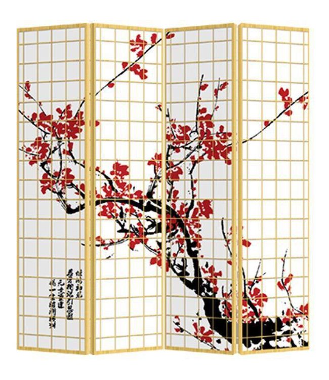 Paravent Japonais L160xH180cm 4 Panneaux Cerisier en Fleurs Rouge