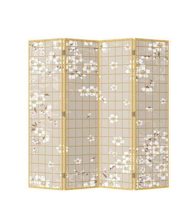 Paravent Japonais L160xH180cm 4 Panneaux Fleurs de Cerisier Blanches