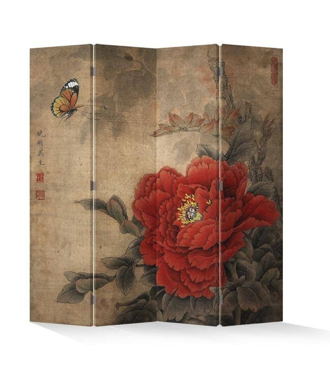 Chinese Oriental Room Divider Folding Privacy Screen 4 Panel Vintage Peony L160xH180cm