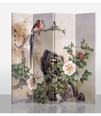 Fine Asianliving Chinesischer Paravent Raumteiler B160xH180cm 4-teilig Vögel und Pfingstrosen
