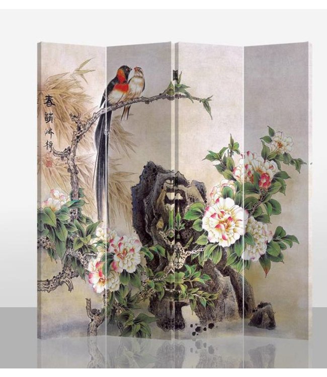 Oriental Room Divider 4 Panel Birds and Mudan Peonies L160xH180 cm
