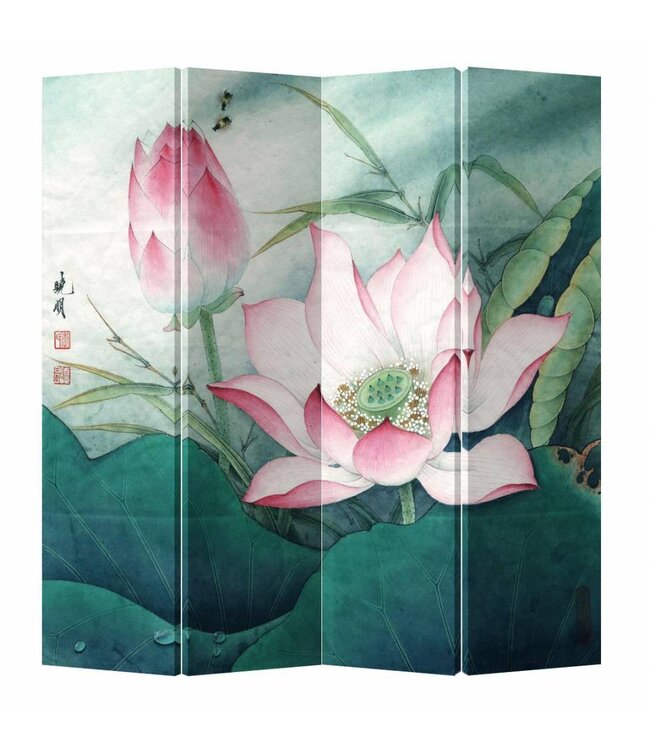 Chinese Oriental Room Divider Folding Privacy Screen 4 Panel Pink Lotus L160xH180cm