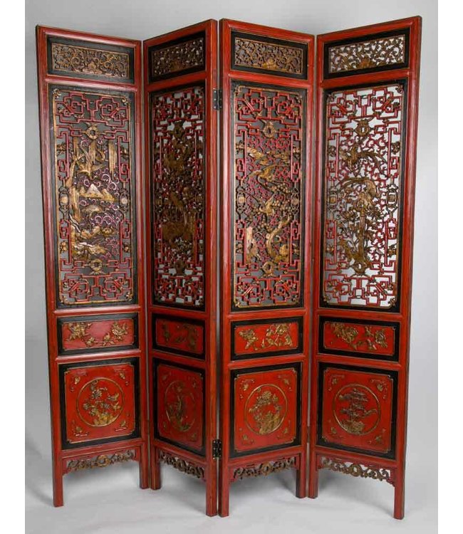 Paravent Chinois Antique 4 Panneaux 20ème Siècle Sculpté à  la Main Rouge Or L164xH194cm