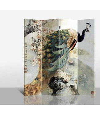 Fine Asianliving Paravent en Toile L160xH180cm 4 Panneaux Paon Doré