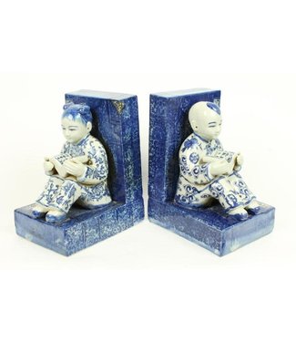 Fine Asianliving Serre-Livres Chinois En Porcelaine Enfant Bleu-Blanc Set/2 L18xP13xH22cm