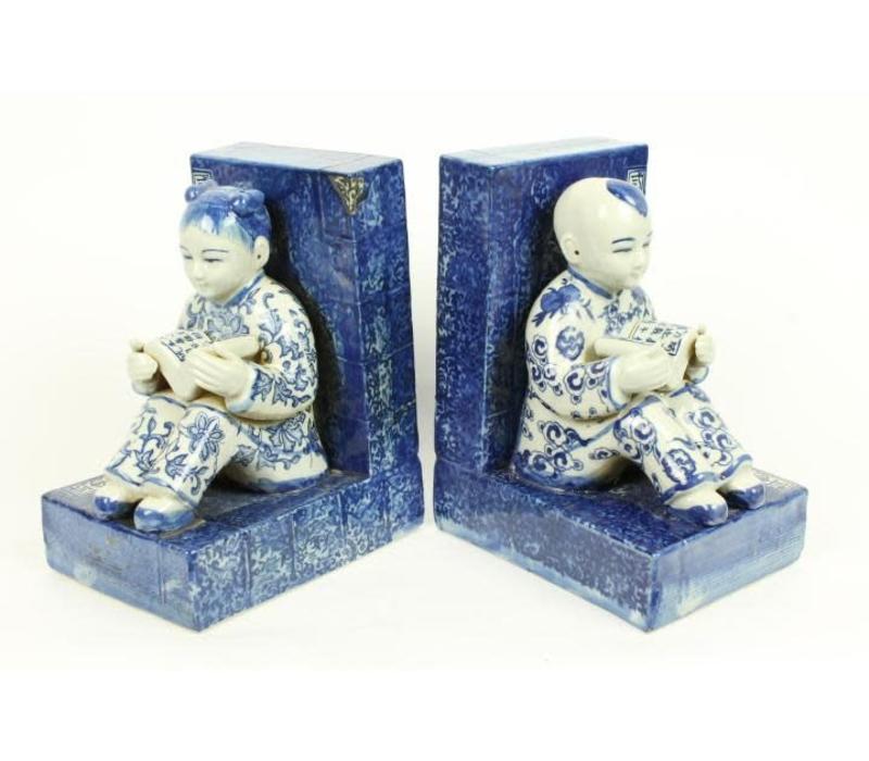 Chinesische Buchstütze Porzellan Kinder Blau-Weiß Set/2 B18xT13xH22cm