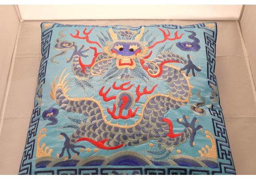 Fine Asianliving Chinesisches Kissen Handbestickt Blau Drache 40x40cm