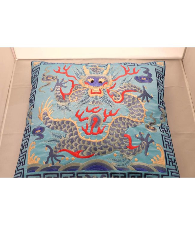 Chinese Cushion Hand-embroidered Light Blue Dragon 45x45cm