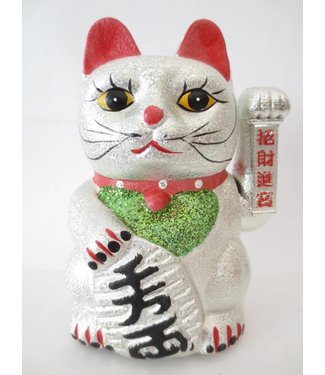 Fine Asianliving Japanese Lucky Cat Glitter Silver Medium