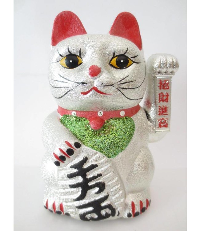 Japanese Lucky Cat Glitter Silver Medium