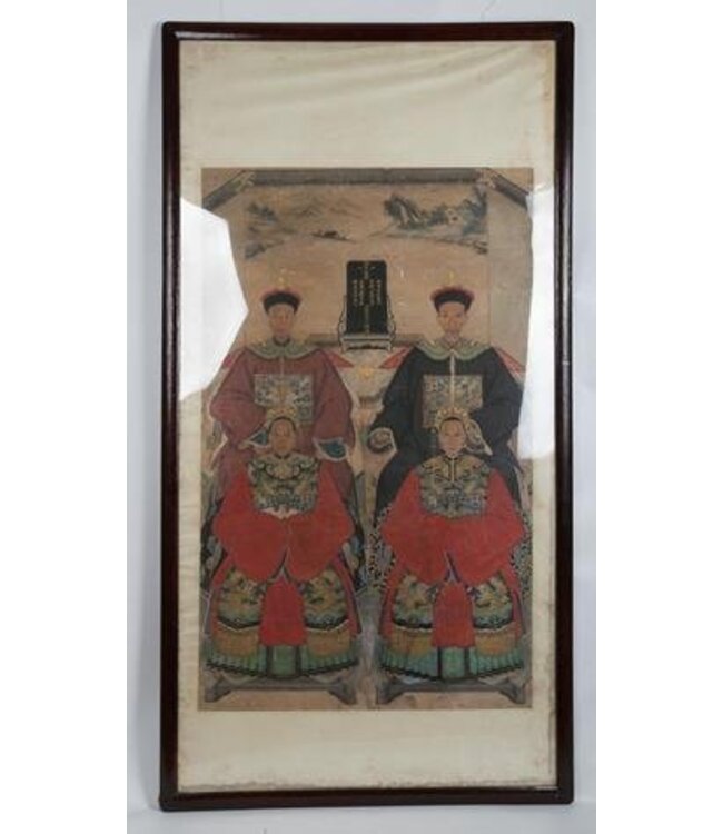 Antique Chinese Ancestral Group Portrait in Frame