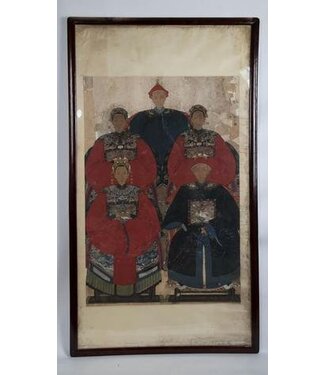 Fine Asianliving Antique Chinese Ancestral Group Portrait in Frame