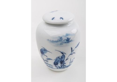 Fine Asianliving Chinese Tea Container Porcelain Cranes Blue White