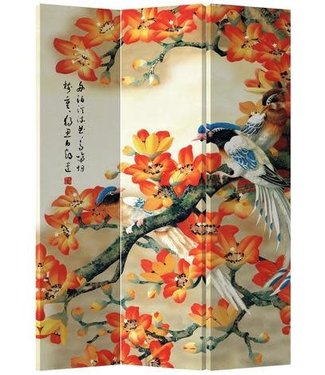 Fine Asianliving Paravento Cinese L120xH180cm 3 Pannelli Fiori d'Arancio Uccelli Blu