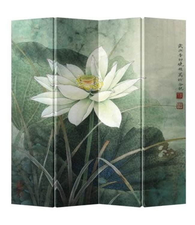 Chinese Oriental Room Divider Folding Privacy Screen 4 Panel White Lotus L160xH180cm