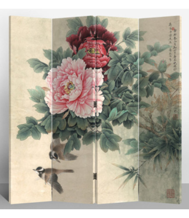 Oriental Room Divider 4 Panel Mudan and Swallows L160xH180cm