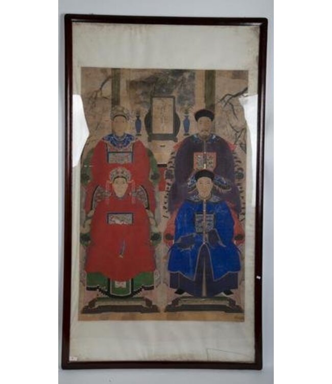 Antique Chinese Ancestral Group Portrait in Frame