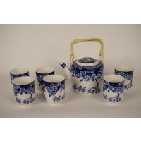 Chinese Tea Set/7 Porcelain Flowers Butterflies Blue White
