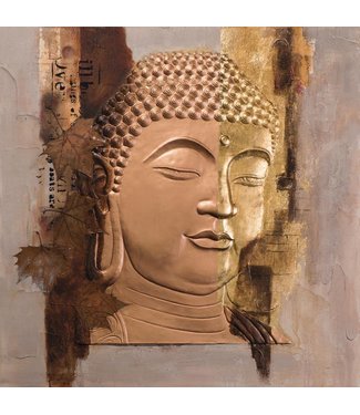 Fine Asianliving Dipinto Volto di Buddha Lamina di Metallo Dorato 3D L100xA100cm