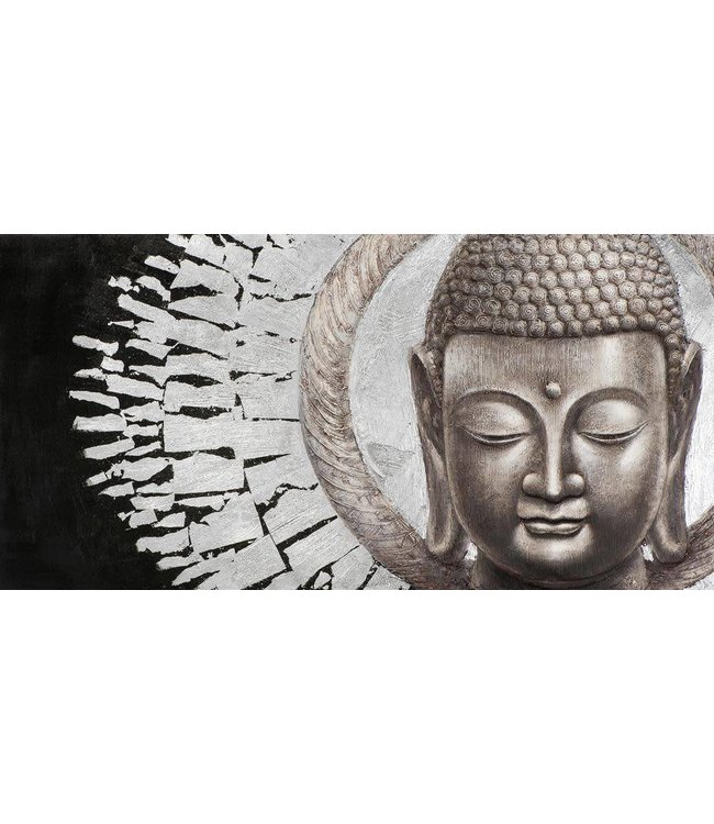 Malerei Buddha Gesicht Schwarzer Hintergrund Landschaft Metallfolie 3D B140xH70cm