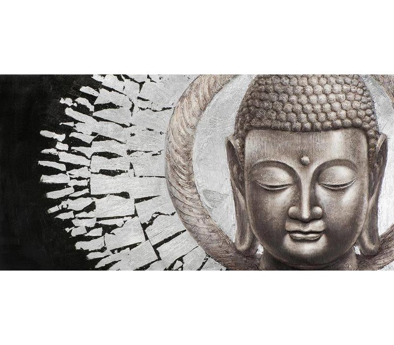 Malerei Buddha Gesicht Schwarzer Hintergrund Landschaft Metallfolie 3D B140xH70cm