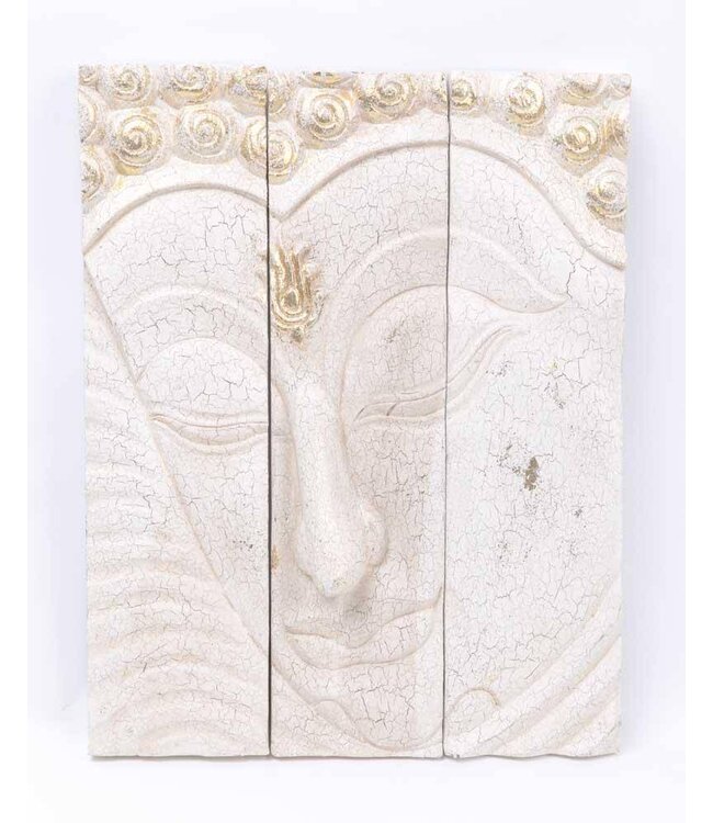 Boeddha Houten Paneel Handgemaakt 3D Wanddecoratie Wit B41xH51cm