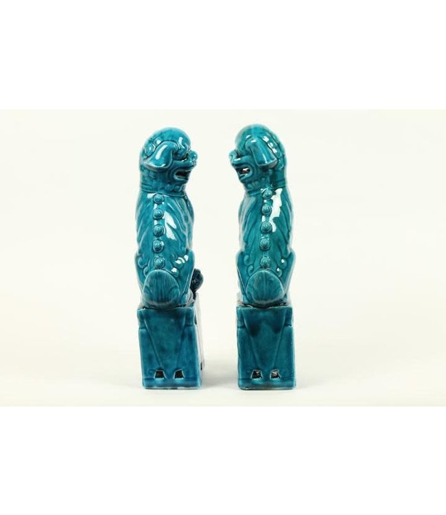 Chinese Foo Dogs Blauw Porselein Set/2 Handmade D10xH27cm