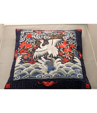 Fine Asianliving Fodera per Cuscino Cinese Gru Bianca Ricamata a Mano 45x45cm Senza Riempimento