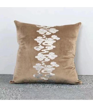 Fine Asianliving Coussin Oreiller Décoratif Brodé à la Main en Velours Beige Nuages 55x55cm