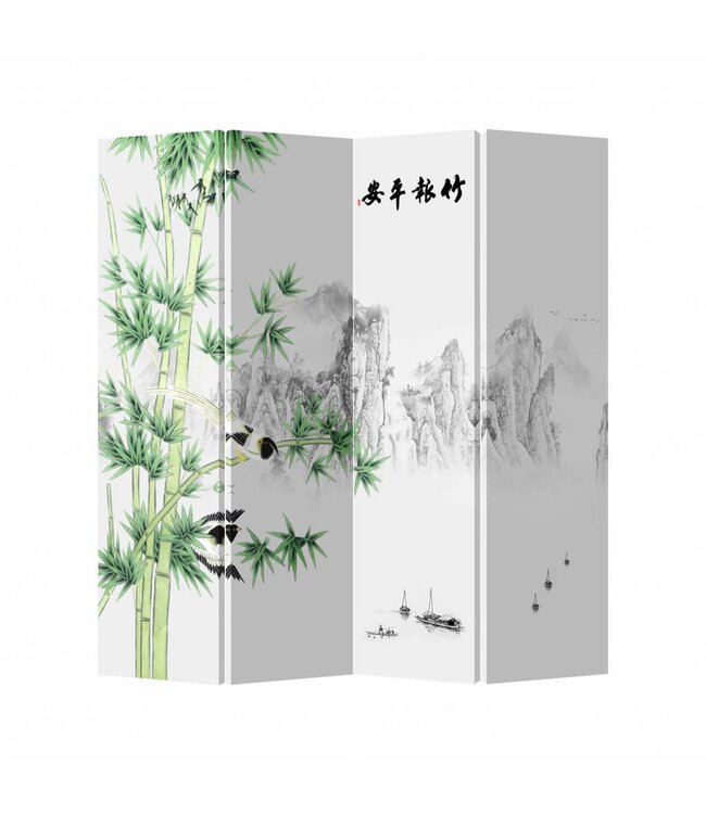 Paravent en Toile L160xH180cm 4 Panneaux Paysage de Bambou Blanc