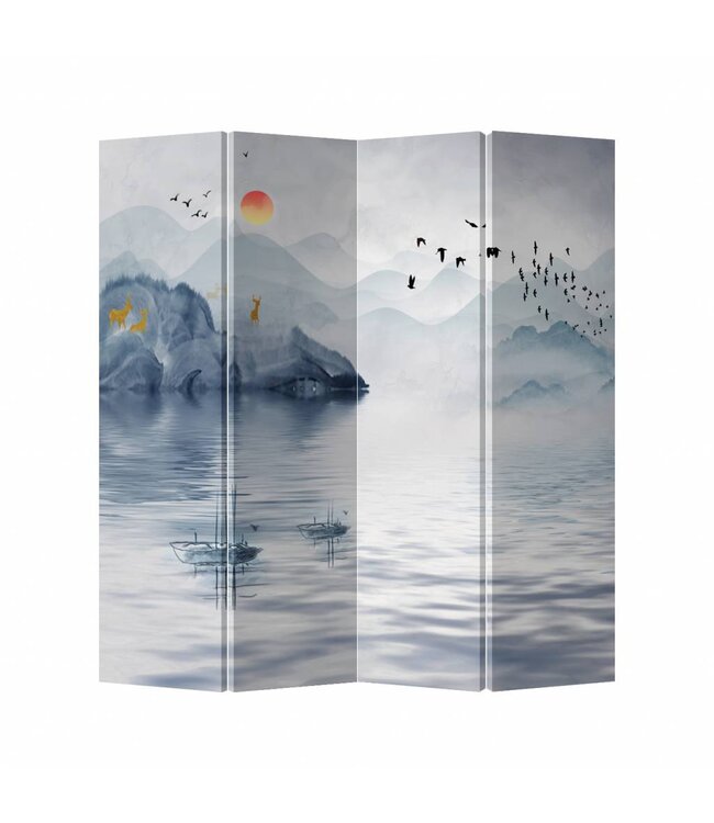 Canvas Room Divider Privacy Screen 4 Panel Lake And Landscape Two-sided