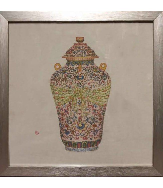 Chinees Schilderij Chinese Pot met Lijst B35xD3xH35cm