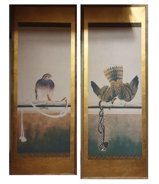 Fine Asianliving Chinees Schilderij Vogels Bladgoud Set/2 B37xH94cm