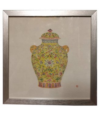 Fine Asianliving Peinture Chinoise Avec Cadre Vase Chinois En Porcelaine Jaune L35xP3xH35cm