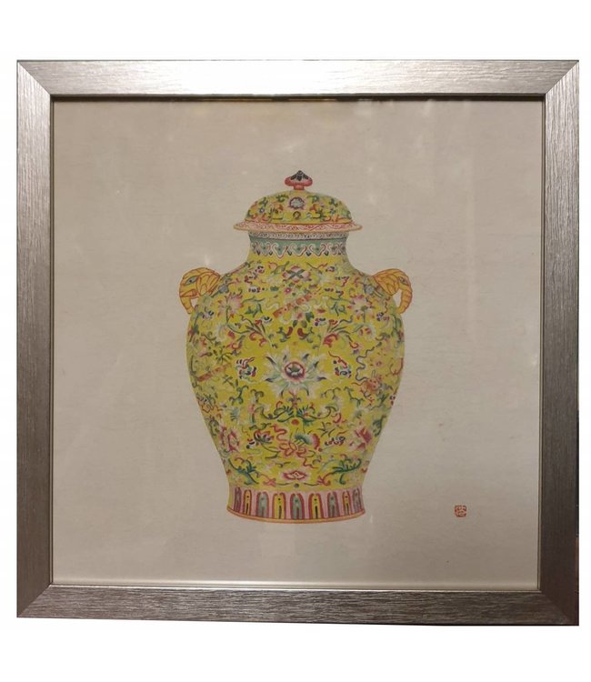 Peinture Chinoise Avec Cadre Vase Chinois En Porcelaine Jaune L35xP3xH35cm