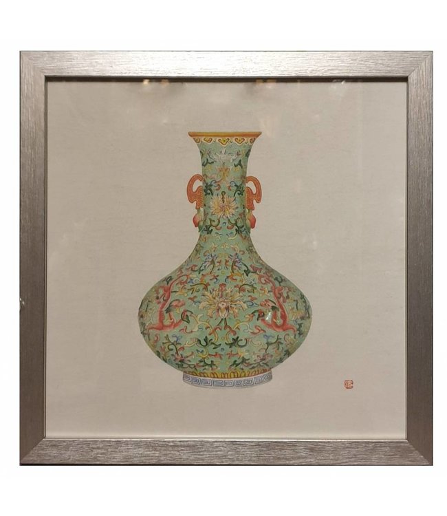 Peinture Chinoise avec Cadre Vase Porcelaine Chinoise Menthe L35xP3xH35cm