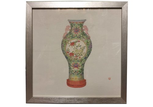 Fine Asianliving Chinesische Malerei mit Rahmen Chinesische Porzellanvase Blumen B35xT3xH35cm