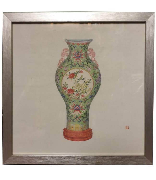 Chinees Schilderij met Lijst Chinees Porselein Vaas Bloemen B35xD3xH35cm