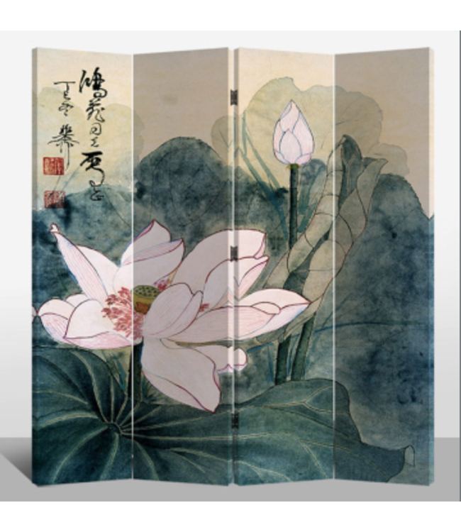 Chinese Oriental Room Divider Folding Privacy Screen 4 Panel Retro Lotus L160xH180cm