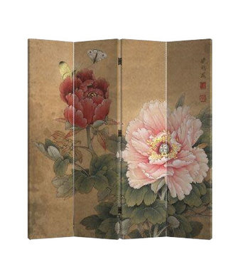 Fine Asianliving Chinesischer Paravent Raumteiler B160xH180cm 4-teilig Pfingstrosen und Schmetterlinge Vintage