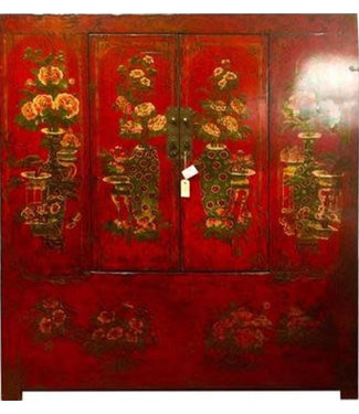 Fine Asianliving Armario Tibetano Antiguo Pintado a Mano Rojo