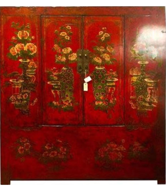 Antique Chinese Tibetan Cabinet Hand-painted Red